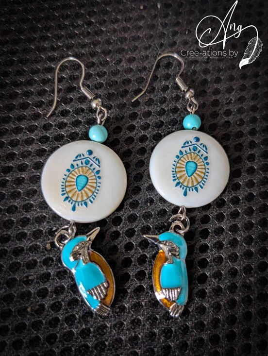 Native American Jewelry - White & Turquoise Kingfisher Bird Freshwater Shell Earrings